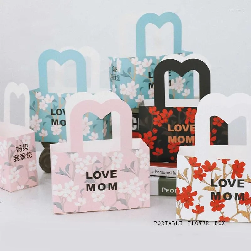 Gift Wrap Mother's Day Heart Handle Flower Bouquet Wrapping Paper Box Floral Arrangement Love Mom Holiday Portable Packageing Carton
