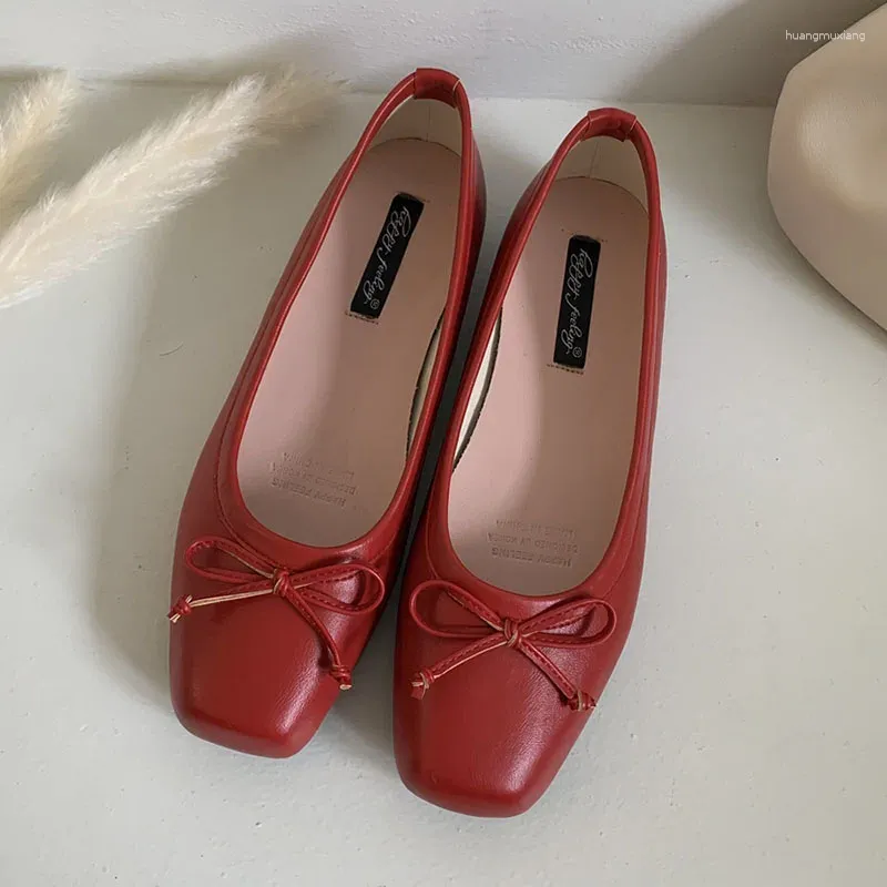 Casual Shoes 2024 Red Women Flat Fashion Square Toe Shallow Slip On Ladies Ballet Soft Leather Outdoor Loafers S