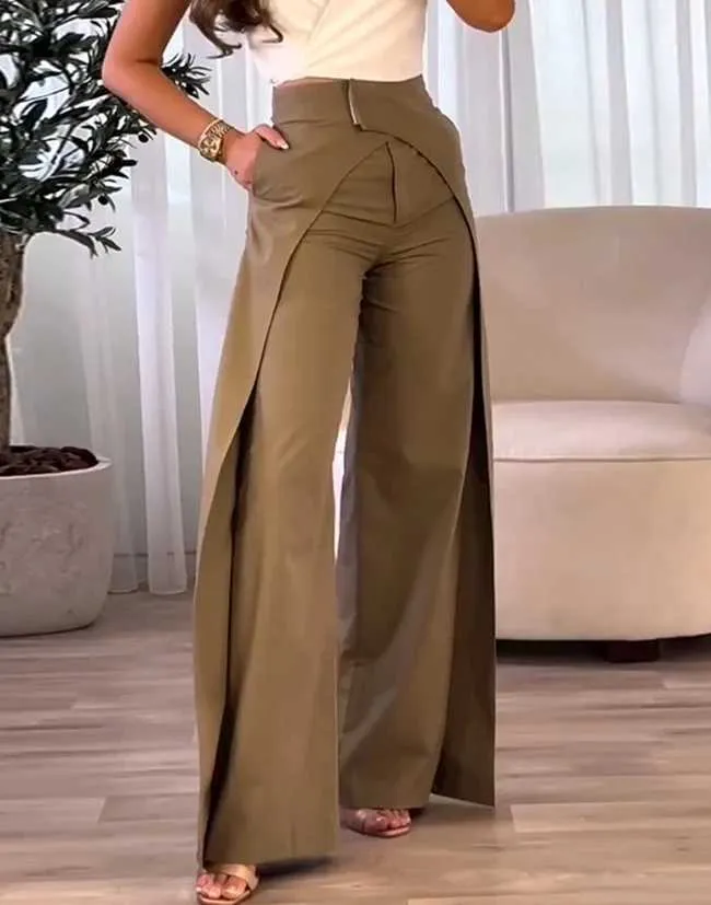 Spodnie damskie Capris 2023 Nowe mody damskie spodnie eleganckie wysoką talię nakładki asymetryczne szerokie nogi spodnie spodni swobodny dno dla kobietl2405