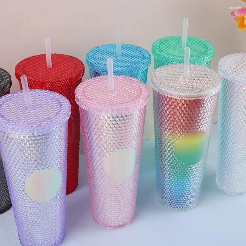 Cups Saucers 710ml Plastic Straw Cup Rhinestone Rivet Double-Walled Travel Mug With Lid Bubble Tea Large Capacity For Sports
