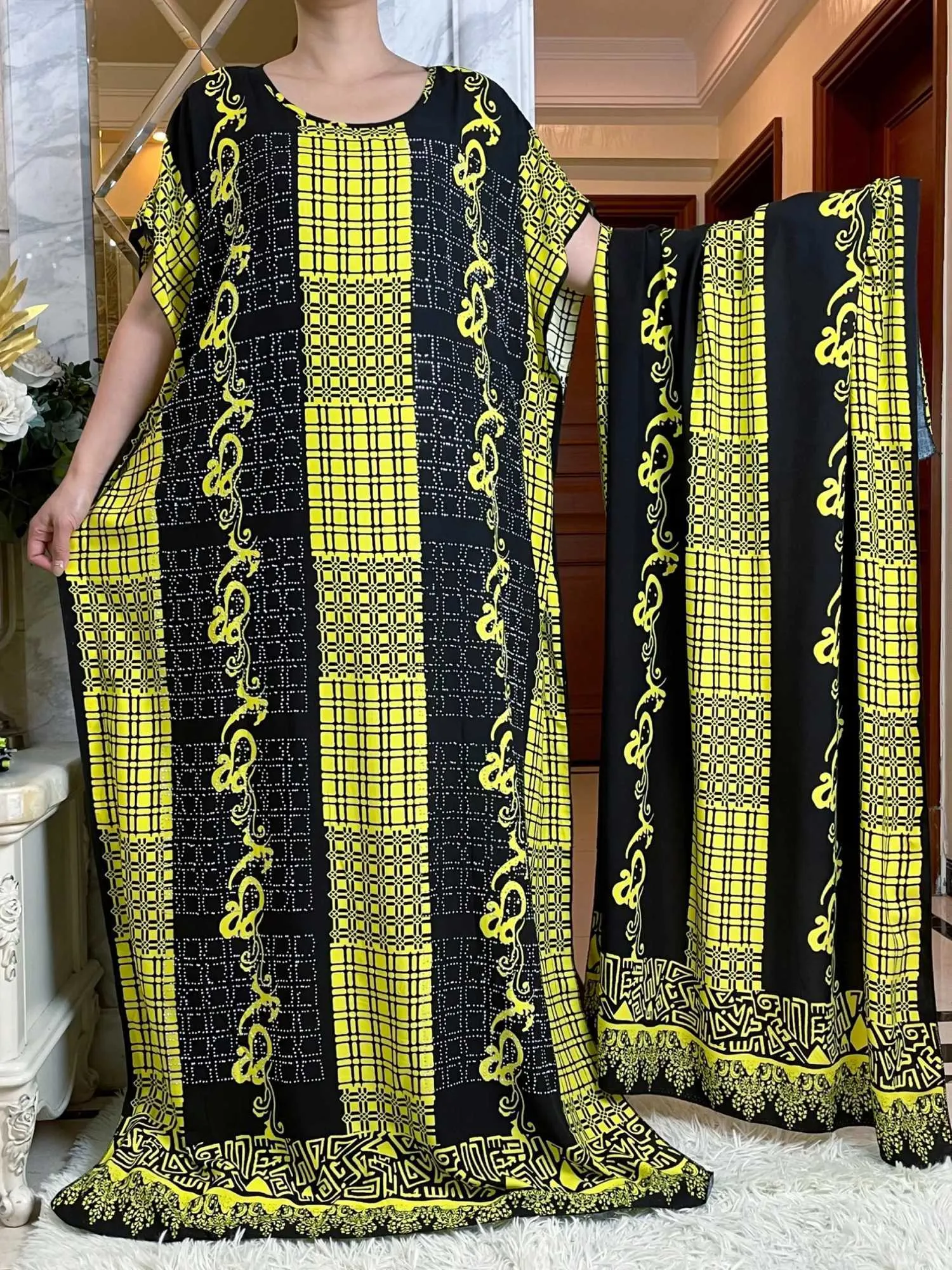 Vêtements ethniques Nouveau style Summer Slve Impression de coton Robe de coton avec une grande écharpe african dashiki floral lâche caftan diamants maxi décontracté t240510
