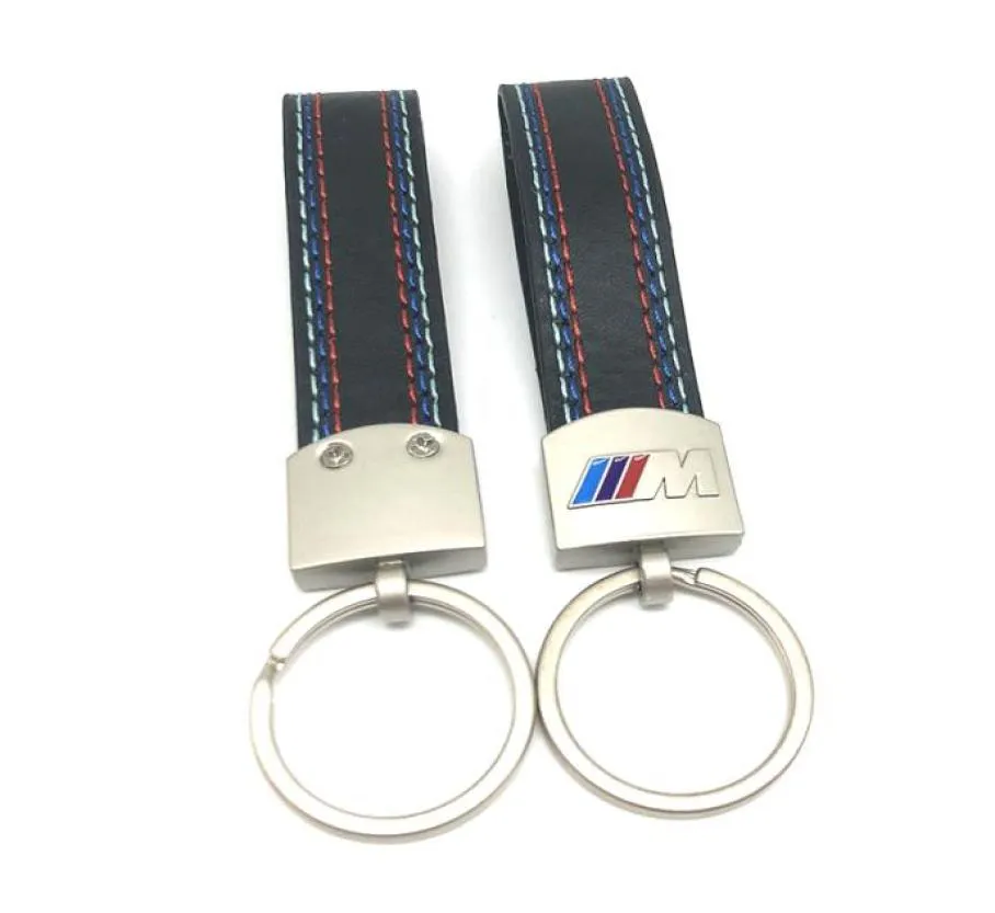 For BMW M Sport E46 E39 E60 F30 E90 F10 F30 E36 X5 E53 E30 E34 X1 X3 Car styling Leather Chrome Keyring Keychain Key Chain1842146