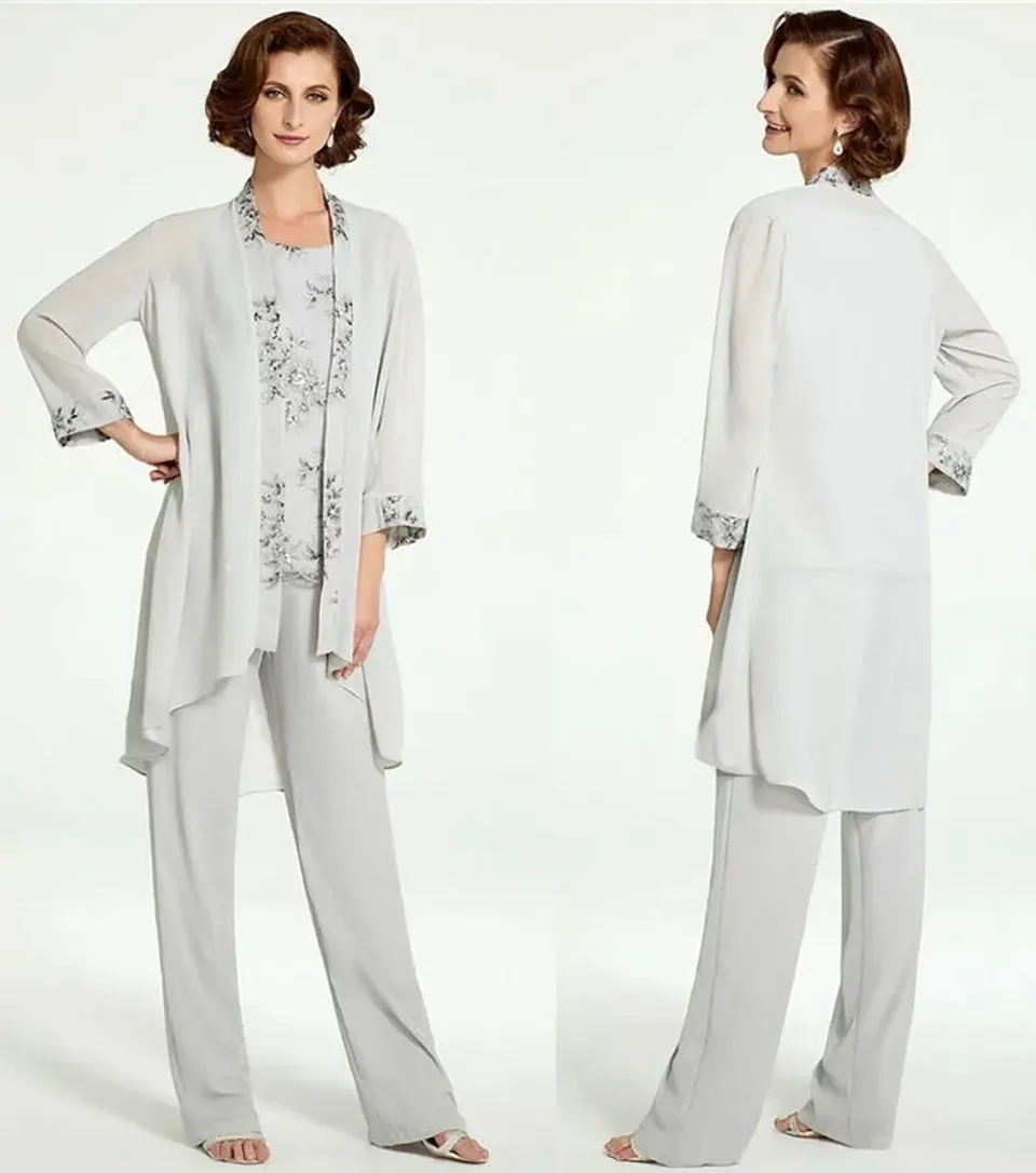 Silver Flowy Marffon Mother of Bride Pant Suits