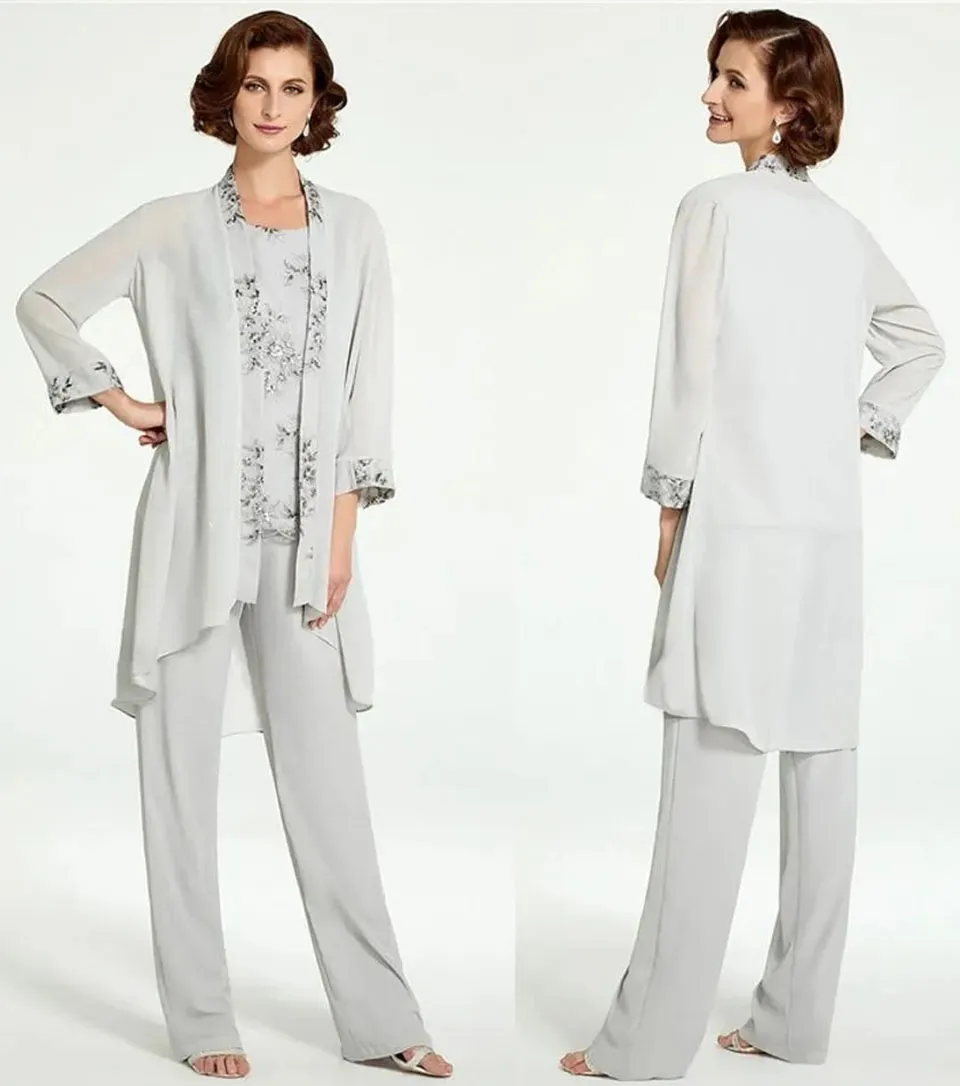 Cicinia Silver Mother Of The Bride Pant Suits With Jacket 3 Pieces Plus Size Lace Chiffon