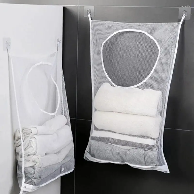 Laundry Bags Large Capacity Wall Hanging Mesh Basket With Hook Hamper Foldable Household
