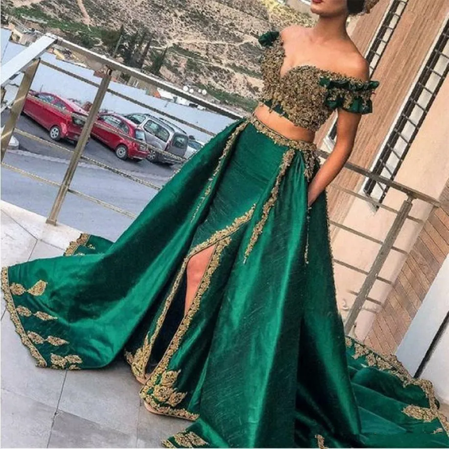 Indian Hunter Green 2 -teilige Abendkleider mit goldenen Spitzenapplikationen Promkleider sexy saudi -arabische Perlen Kaftan Abaya Trage 279t