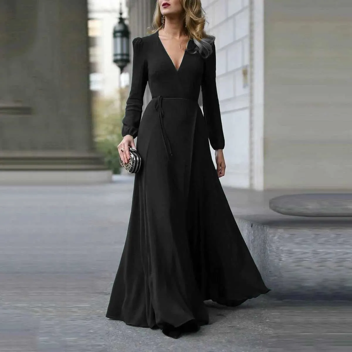 Maxi Formal Dress Women Long Sleeve V Neck Bandage Solid Color Evening  Party Gown from Dhgate Urban Sexy Dresses - price 11.31