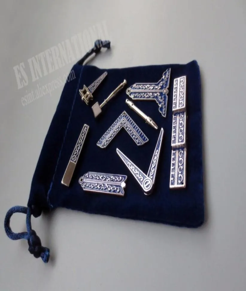 Набор из 9 различных синих масонских рабочих инструментов с бархатным мешком Mason Mason Miniature Mason Gifts 2011252272140