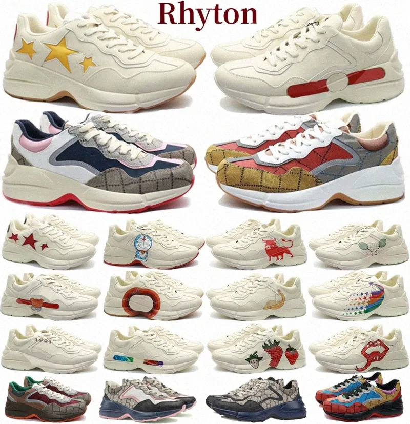 Sapatos de grife Rhyton Sneakers G Multicolor 100 Logotipo vintage bege Estrelas 25 Whe Women Wave Navy Gray Print Men Women Shoe Casual Sneaker Sh1ggr#