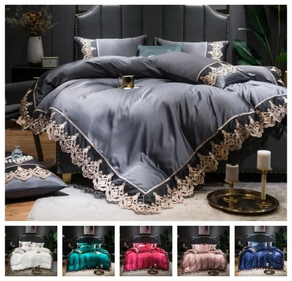 Luxury 2 or 3 or 4pcs Lace Silk Bedding Set Satin Duvet Cover Set with Flat Sheet Zipper Closure Twin Queen King 7 patterns 2012101006608