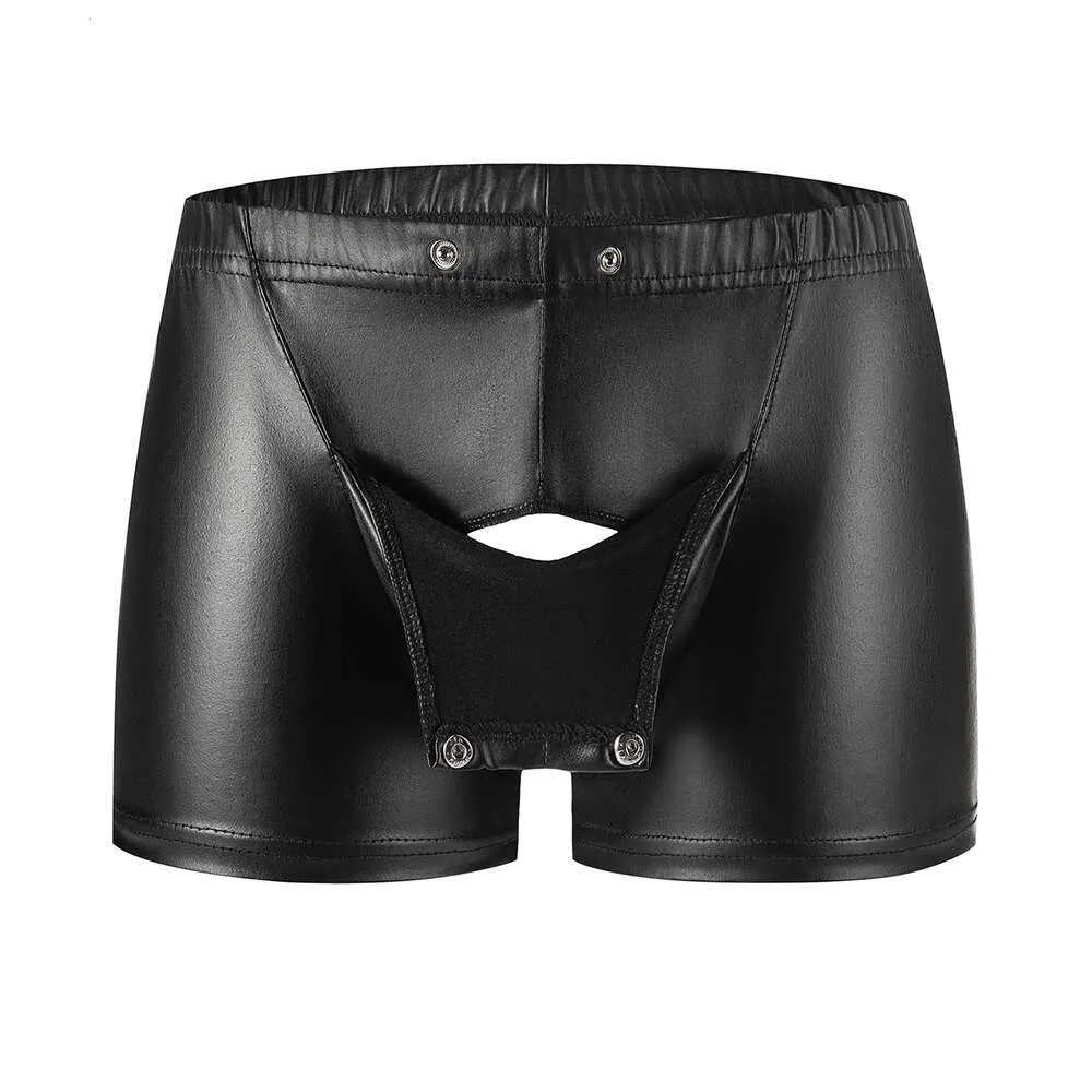 Mens Sexy Button Open Crotch Boxer Soft Matte Leather Short Pants Fetish Lingerie Crotchless Male Hot Porn Bottom Bulge Pouch Catsuit Costumes