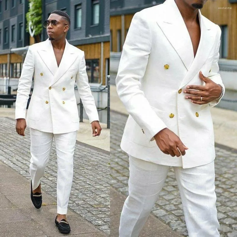 Costumes masculins en lin blanc décontracté été slim fit double pailleur à double semestre smoking tuxedos trajes elegante para hombres 2 pièces costume