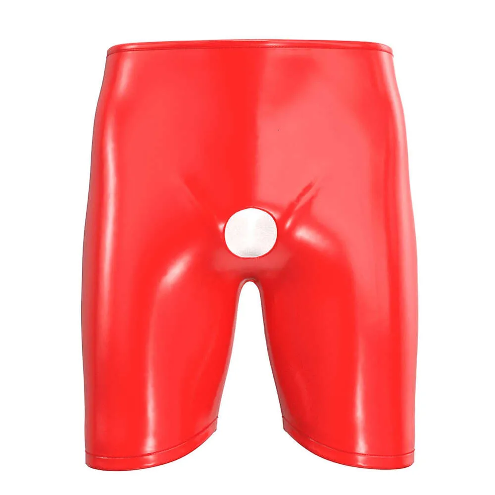 Mens Sexy Fetish Boxers Open Crotch Short Pants Glossy PU Leather Underpants Crotchless Men Hot Erotic Underwear Plus Size Catsuit Costumes