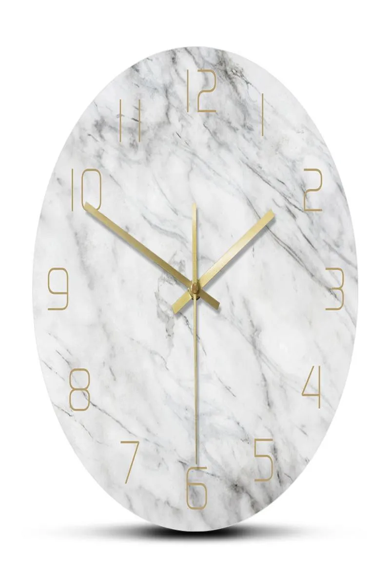 Quartz analoge rustige marmeren wandklok 3d chique witte marmeren print moderne ronde muur horloge Noordse creativiteit Home Decor Fashion LJ206334303