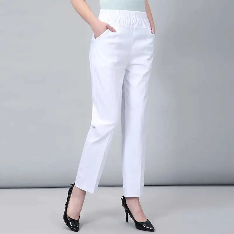 Pantalon féminin Capris d'âge moyen et de personnes âgées pantalon blanc printemps pantalon élastique mince pantalon droit des mères
