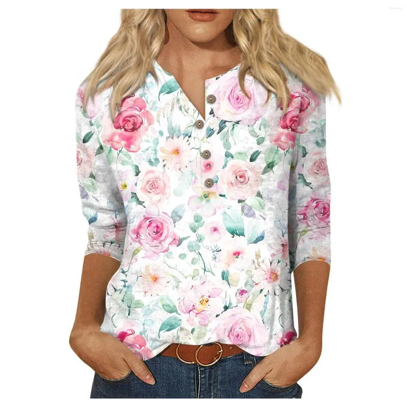 Women's T Shirts Uniquely Styled Ladies Floral Print Three Quarter Sleeve Button Collar Top T-Shirt Bottom Shirt Premium Trends