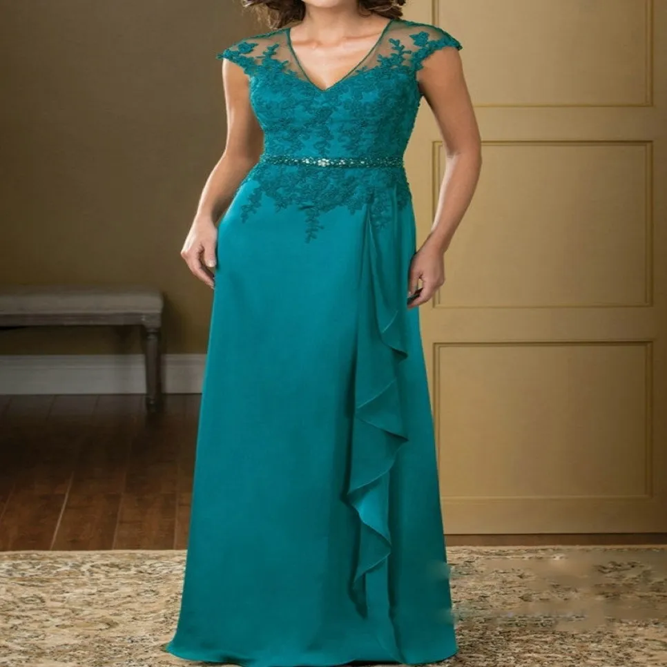 Vestidos de noite de linha A Turquesa V Apliques de renda de pescoço Mãe da Noiva Mãe Mãe Personalizada Mistão Momminha Vestidos DH1119 247i