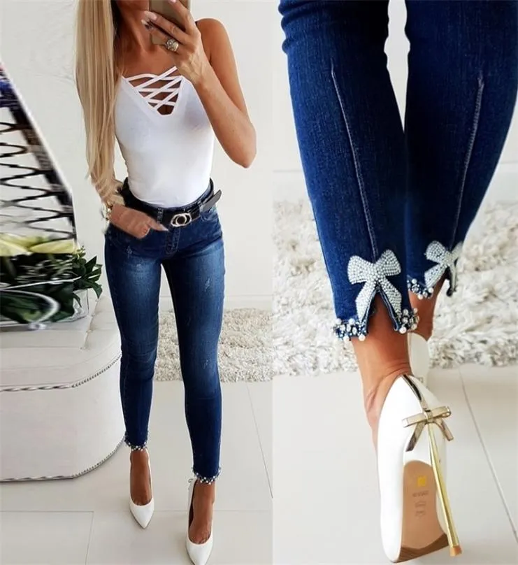 Jeans Frau Mode hohe Taille Straight Hosen für Frauen Streetwear Perle Spitzennähte dünne Bleistift -Jeanshosen weiblich 2010283740638