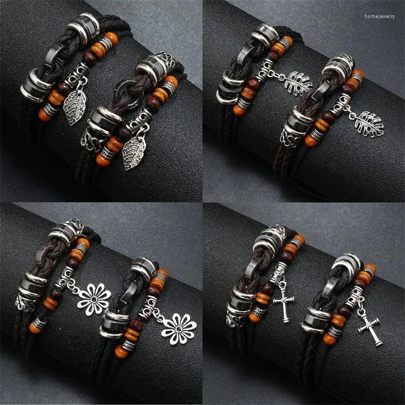 Strand Vintage Vintage Multi-capa Pulsera de cuero de envoltura trenzada para hombres Mujeres Cross Cross Beads de madera Moda Muñeco de pulsera masculinas