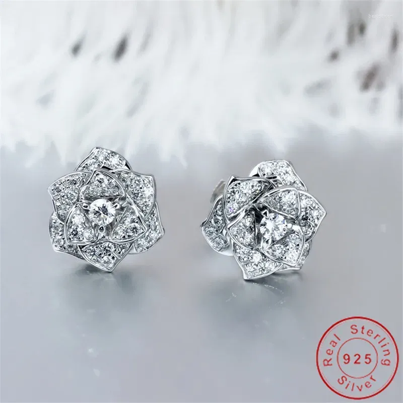 Boucles d'oreilles Stud Flower Diamond Oreing Bringle Real 925 SERPLAIS BIELLIE SIGNÉE 24K ENGAGEMENT GOL MARIAGE POUR FEMMES DES FEUX BRIDAL