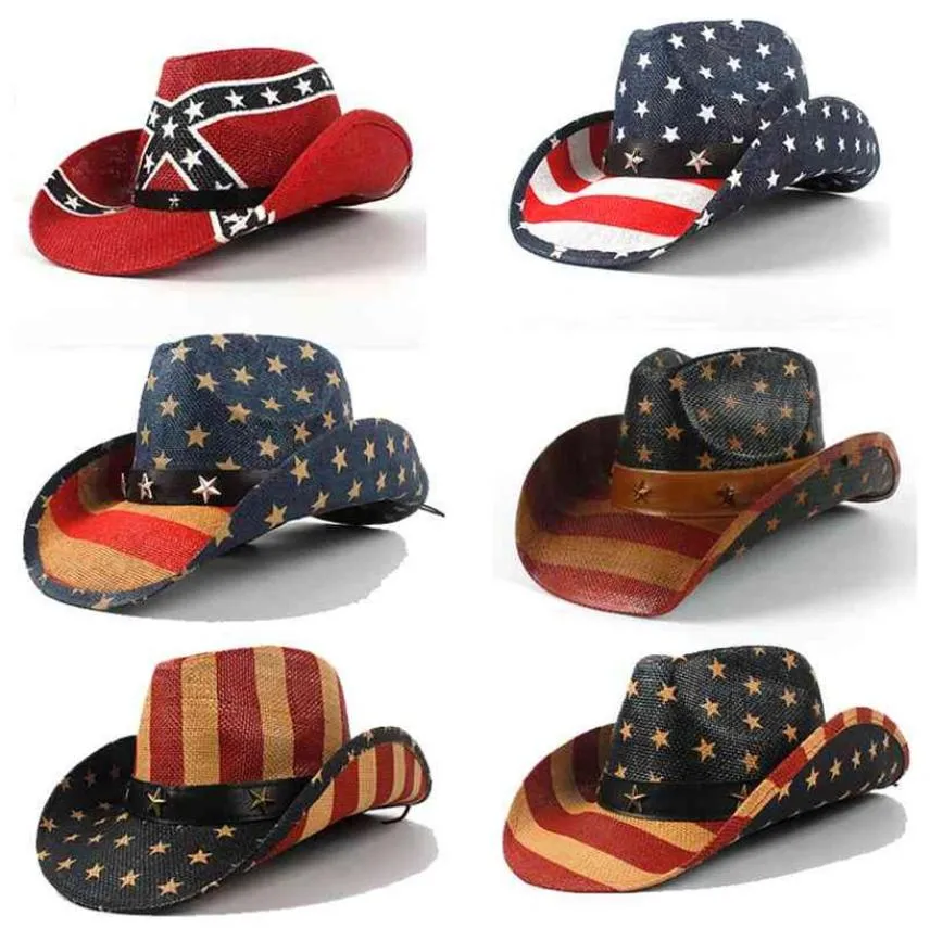 Été classique American Flag Cowboy Hats for Men Wide Brim USA Cowgirl Chapeau Homme Cap USA Flag Paille Cowboy Hat228I6827579