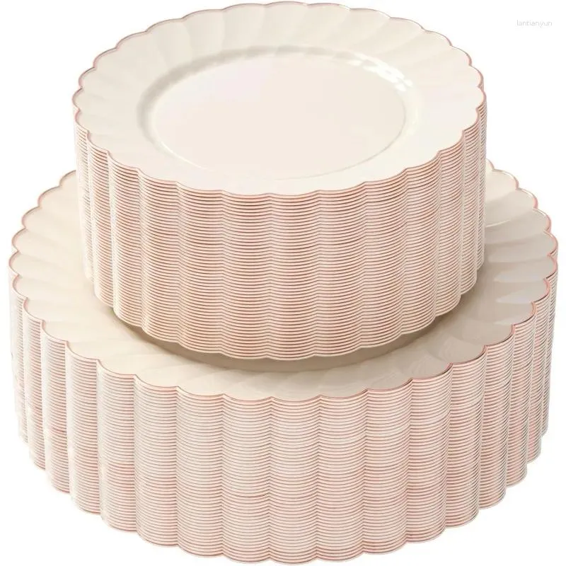 Disposable Dinnerware 100 Pcs Premium Scalloped Plastic Plates With Trim | Dinner Salad Or Dessert Elegant