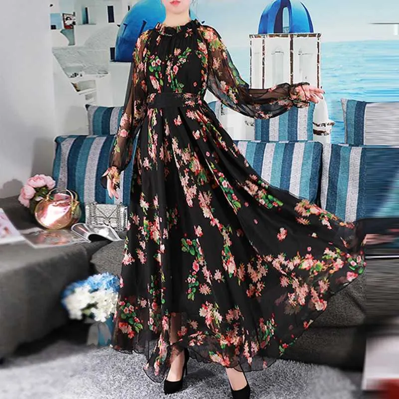 Ethnic Clothing Floral Print Long Chiffon Kaftan Dress for Women Muslim  Party Abaya Robes
