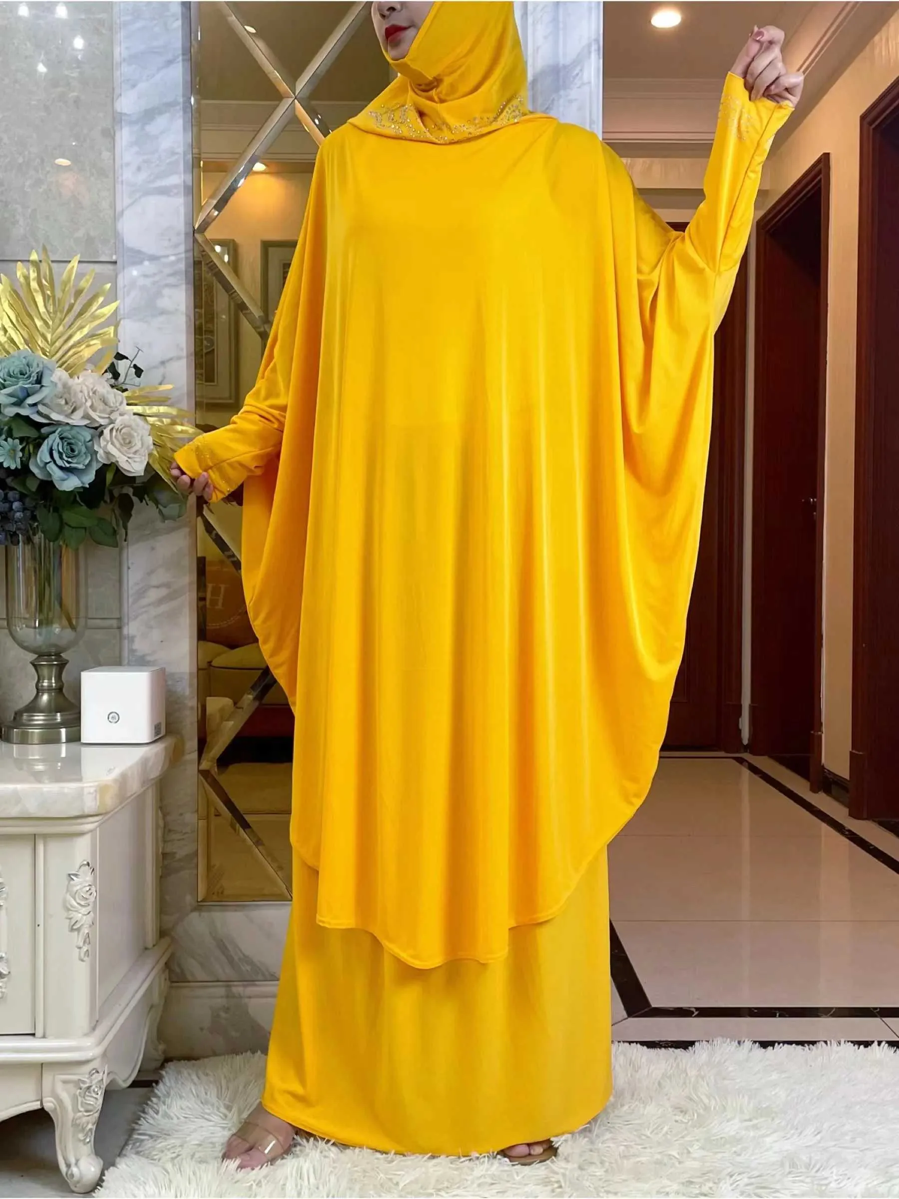 Abbigliamento etnico Nuovo eid con cappuccio musulmano donne hijabs abbigliamento indumento ramadan pipistrello slve vestiti a due pezzi set niqab islam dubai modesto abito t240510
