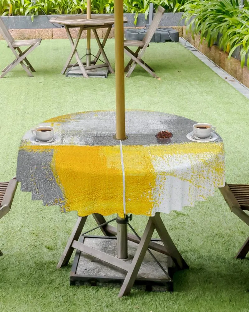 Table Cloth Oil Painting Abstract Geometric Yellow Gray Round Waterproof Tablecloth With Zipper Umbrella Hole Cover For BBQ Gatherings