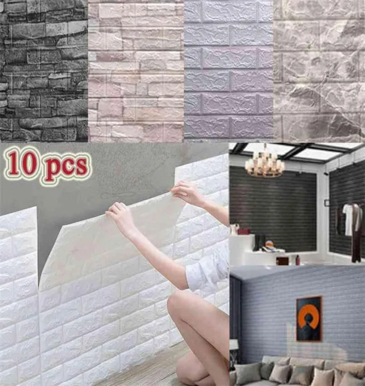 10 PCS 3D Kendi Kendinden Yapışkan Panel Duvar Çıkartmaları Su geçirmez köpük karo oturma odası TV arka plan koruması bebek duvar kağıdı 3835cm 210834255859