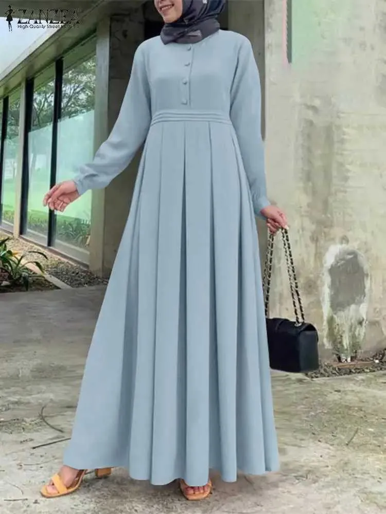 民族服秋の女性イスラム教徒のドレス長いslve o-neck Sundress Islamic abaya Robe ZanzeaエレガントなプリーツベスティドカジュアルソリッドロングドレスT240510