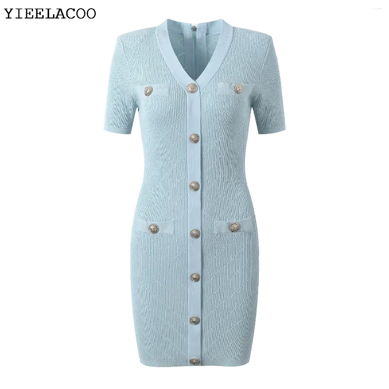 Casual Dresses Blue Knitted Dress Short Sleeved 2024 Spring/Autumn Celebrity Slim Fit Wrap Hip V-neck Ice Silk