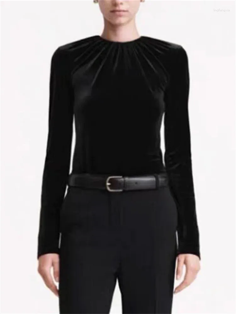 Blouses voor dames geplooid O-hals zwarte velet blouse top 2024 dames lange mouw slanke fit pullover shirt terug met ritssluiting