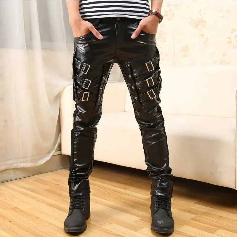 Мужские брюки Mens pu pu Patch Work Leather брюки повседневные панк -мотоцикл кожаные брюки мода кнопка сплайсинга кожа