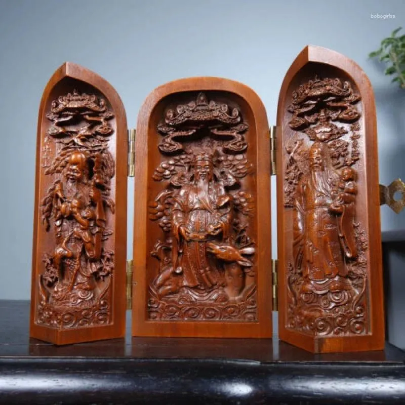 Dekorativa figurer 10 cm kinesisk rutig trä 3 livslängd Gud välsigne lu shou liv staty naturlig naturlig