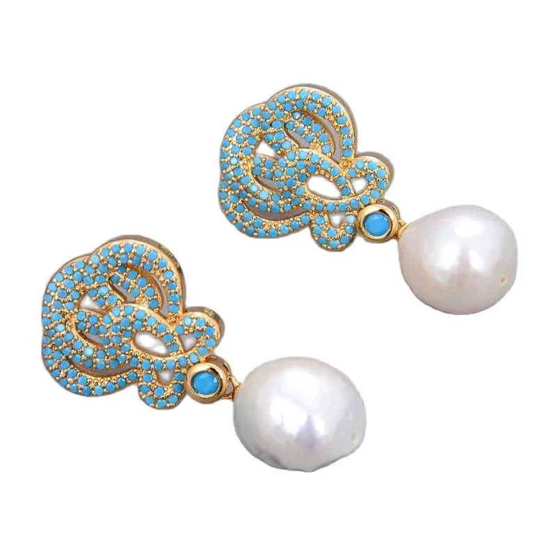 Bijoux guaiguai naturel keshi edison blanc perle gold plaqué turquoise bleu cz bouilles d'oreilles à la main faits à la main pour les femmes réelles pierres de pierre L9366989