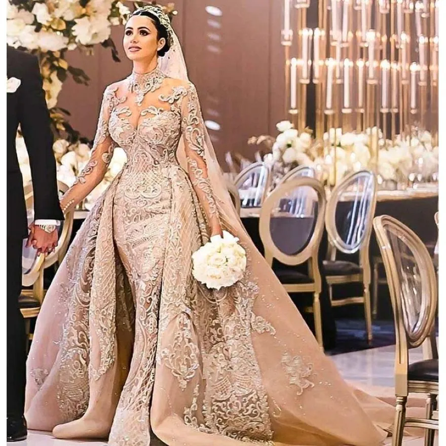 Champagne de luxe en dentelle robes de mariée sirène illuche à manches longues dubai Dubai Bridal Vestido de Noiva 2817