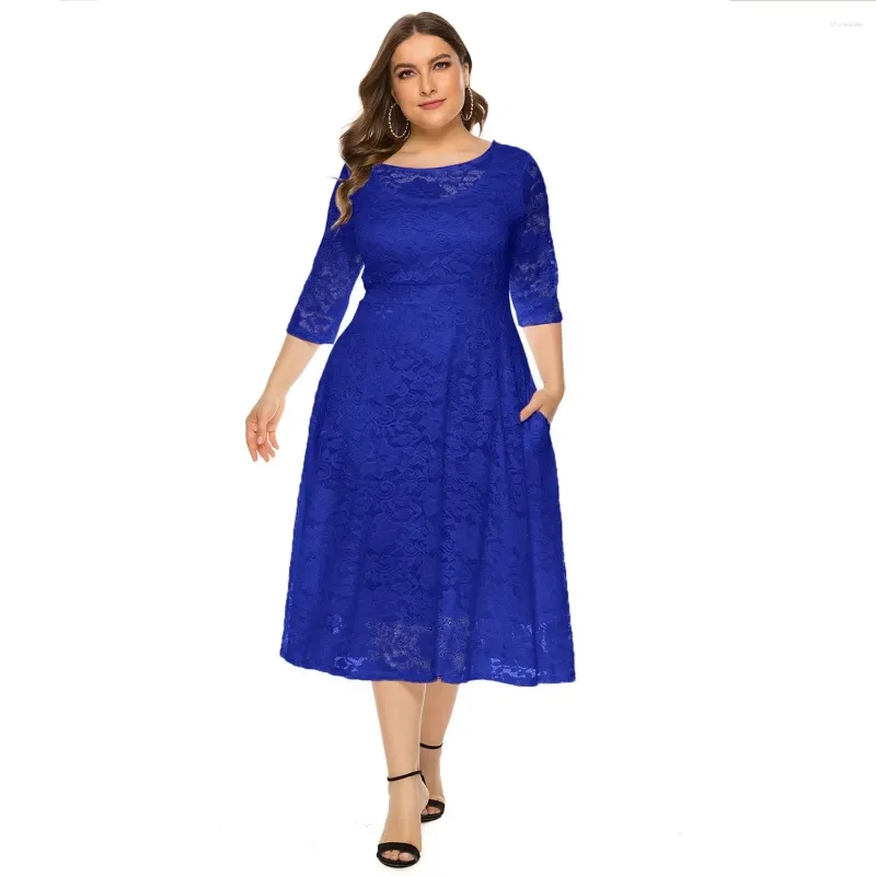 Etniska kläder Afrika 2024 Spring Elegant African 3/4 Sleeve O-Neck Lace Plus Size Midi Dress Dashiki Dresses for Women XL-8XL