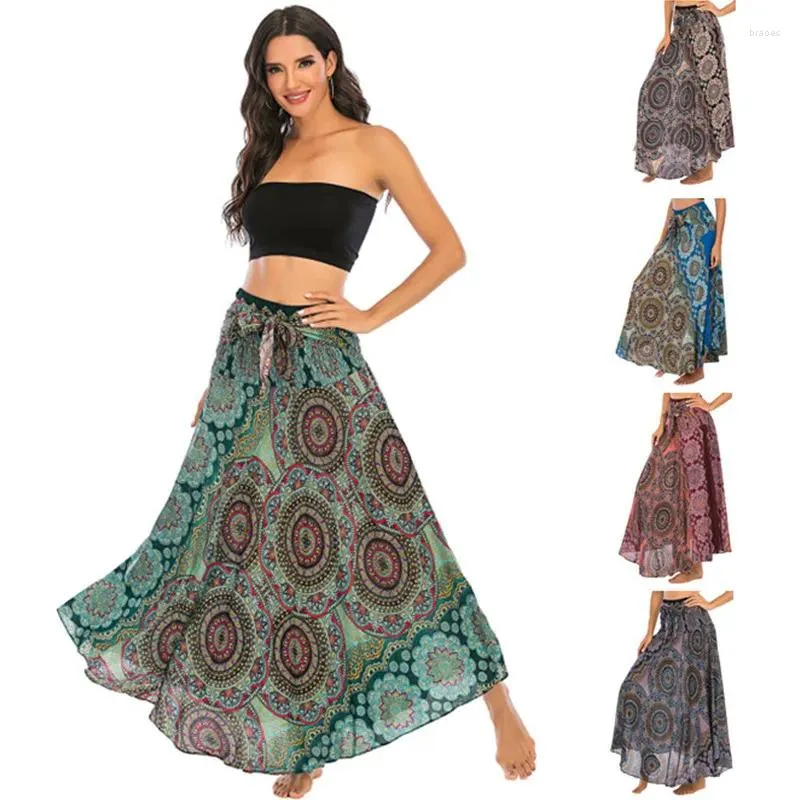 Saias balançam flor boho long for women 2024 moda indie impressão folhada de alta cintura elástica de verão boêmio jupe faldas saias