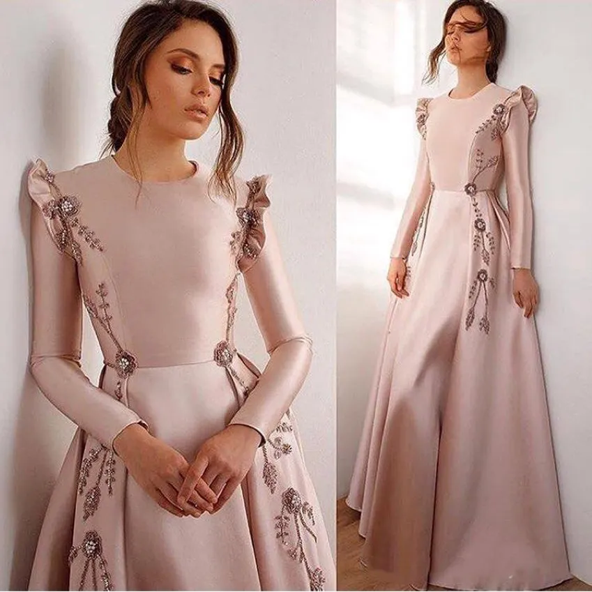 Blush Pink Muslim A Line Evening Dresses Jewel Neck Long Sleeve Beading Formal Gown Floor Length Satin Abric Dubai Evening Gowns 281p