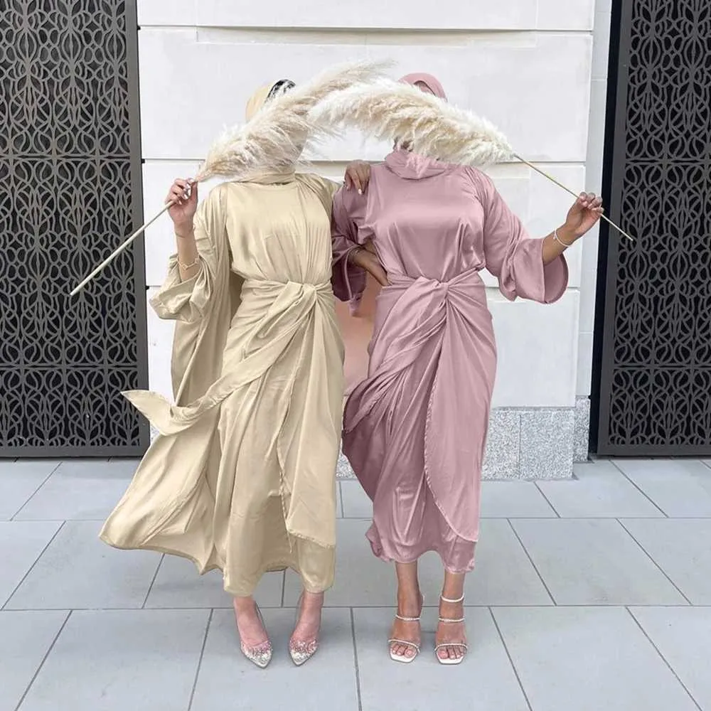 民族衣類Kaftan Abaya Satin Satin Dubai Turkey Islam Arabic Muslim Sets Robe Longue Imono Ensemble Femme Musulmane Abayas for Women Morocco T240510
