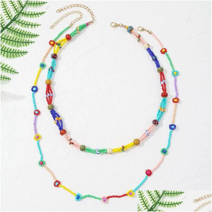 Collier de tourbillon 2 PCS / Set Bohemian Mticolor Verre Perles Colliers de chaîne de perles faits à la main pour les femmes de style plage Flower Gift Drop Dhgeh