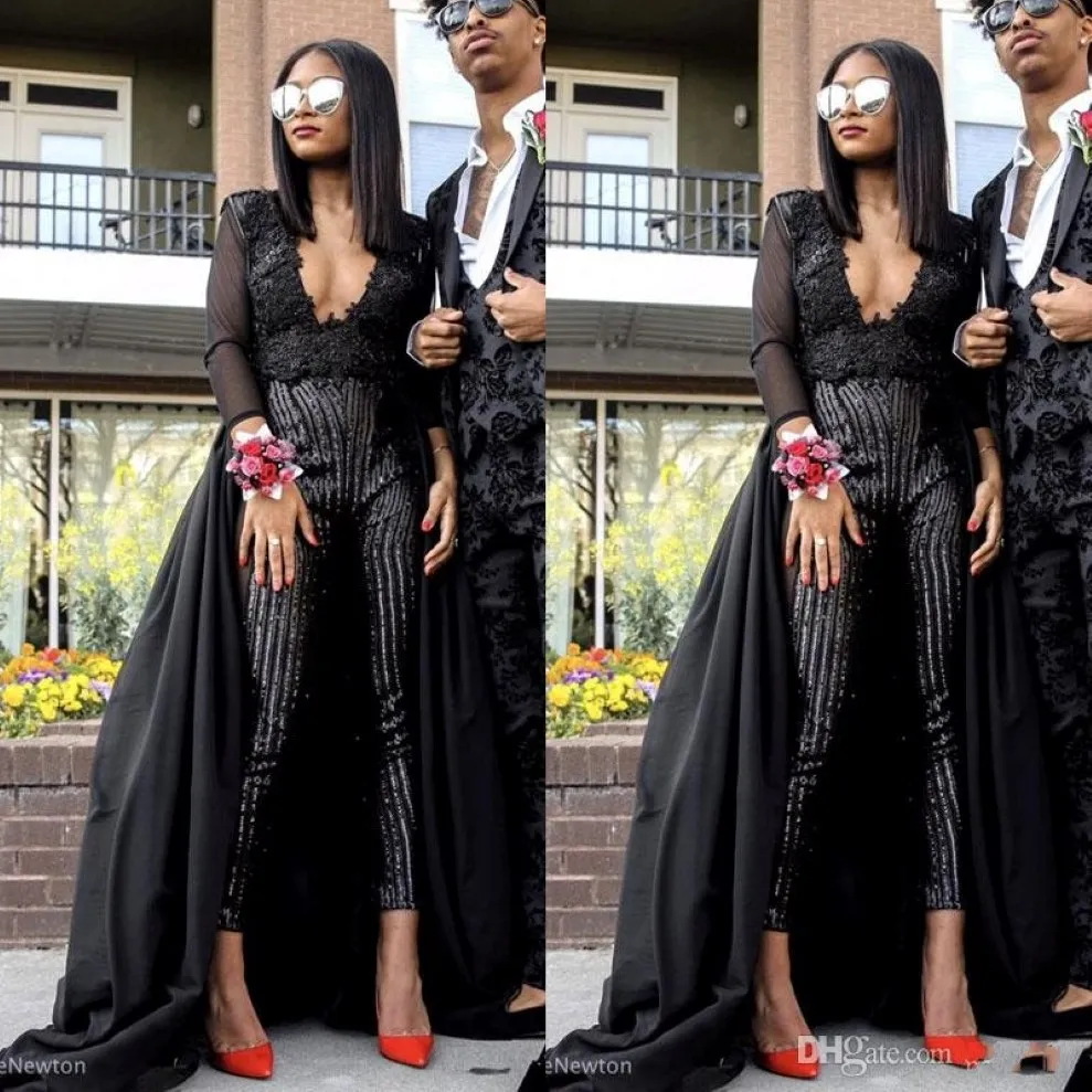 2019 sexy Prom -Kleider atemberaubender Jumpsuit Black Evening Wear Long Sleeves Pailletten Perlen -Promkleider mit abnehmbarem Zug Custom Made 2061