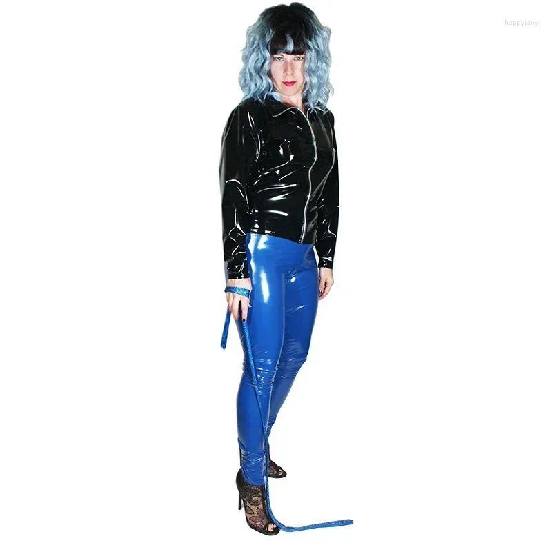 Kvinnors byxor blå pvc latex faux läder bodycon sexig erotisk plus size leggings kvinnor pu hög midja mager blyertsanpassning