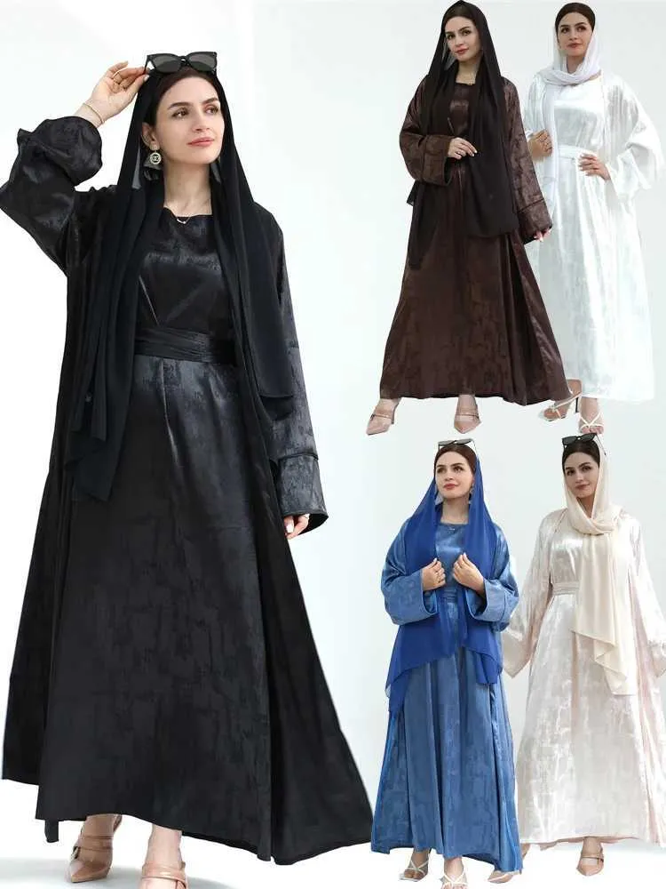 Etniska kläder Ramadan Eid Dubai Black Satin Abaya Turkiet Islam Kimono Muslim Dress sätter bönkläder för kvinnor Kaftan Robe Femme Musulmane T240510