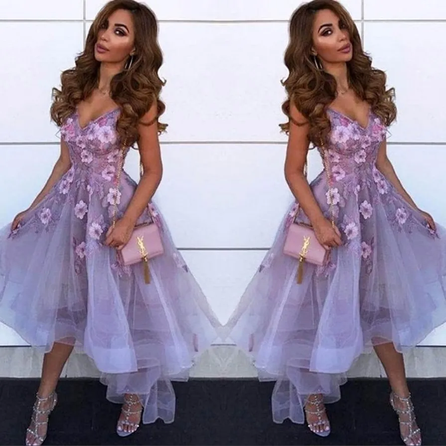 Lavender V Neck Tulle A Line Homecoming Dresses Arabic Lace Applique High Low Princess Short Prom Party Graduation Dresses 323l