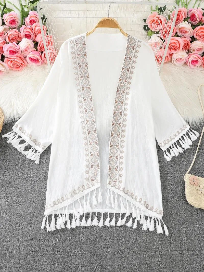 Women's Knits Bohemian Cardigans Retro Ethnic Style Embroidered Cardigan Jacket Women Medium Length Tassel Vacation Sun Protection Top