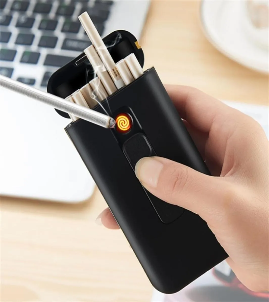 Boîte à cigarette de capacité 20pcs avec briquet électronique USB pour le support de cigarette étanche à cigarette mince plasma plus léger T200113713395