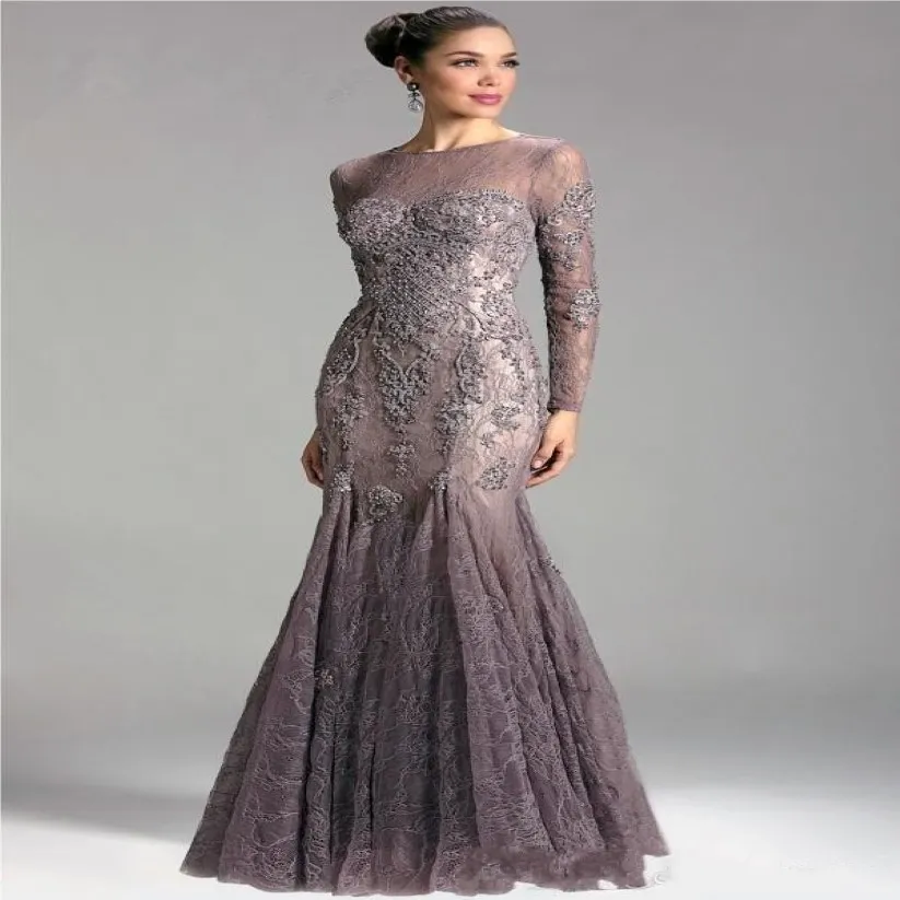 2020 New Formal Mermaid Mother Of The Bride Dresses Jewel Lace Appliques Beaded Long Sleeves Plus Size Evening Dress Wedding Guest Dres 276P