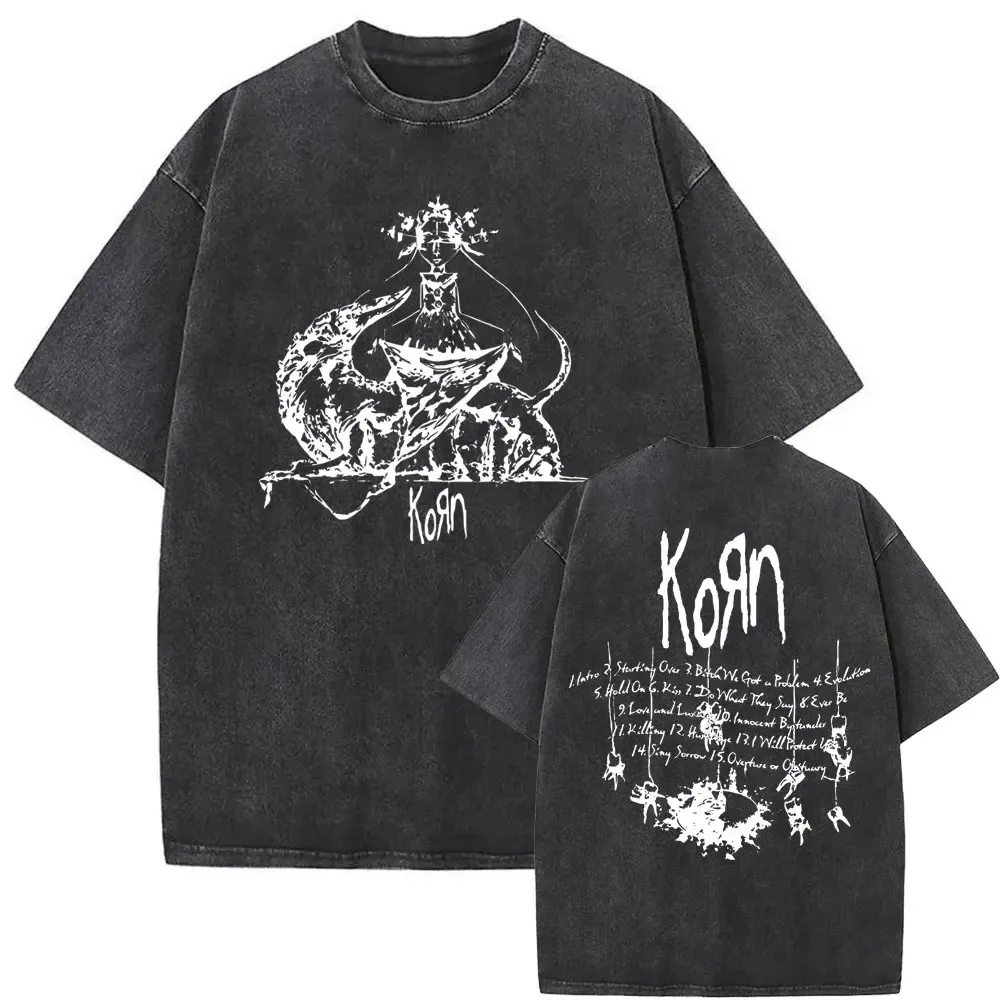 Tvättat vintage rockband korn följ ledaralbumet grafik tshirt kort ärm män överdimensionerade t-shirts unisex gothic t shirts 240424